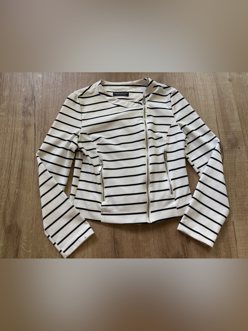 Bagatelle White & Black Striped Asymmetrical Moto Jacket Sz Sm